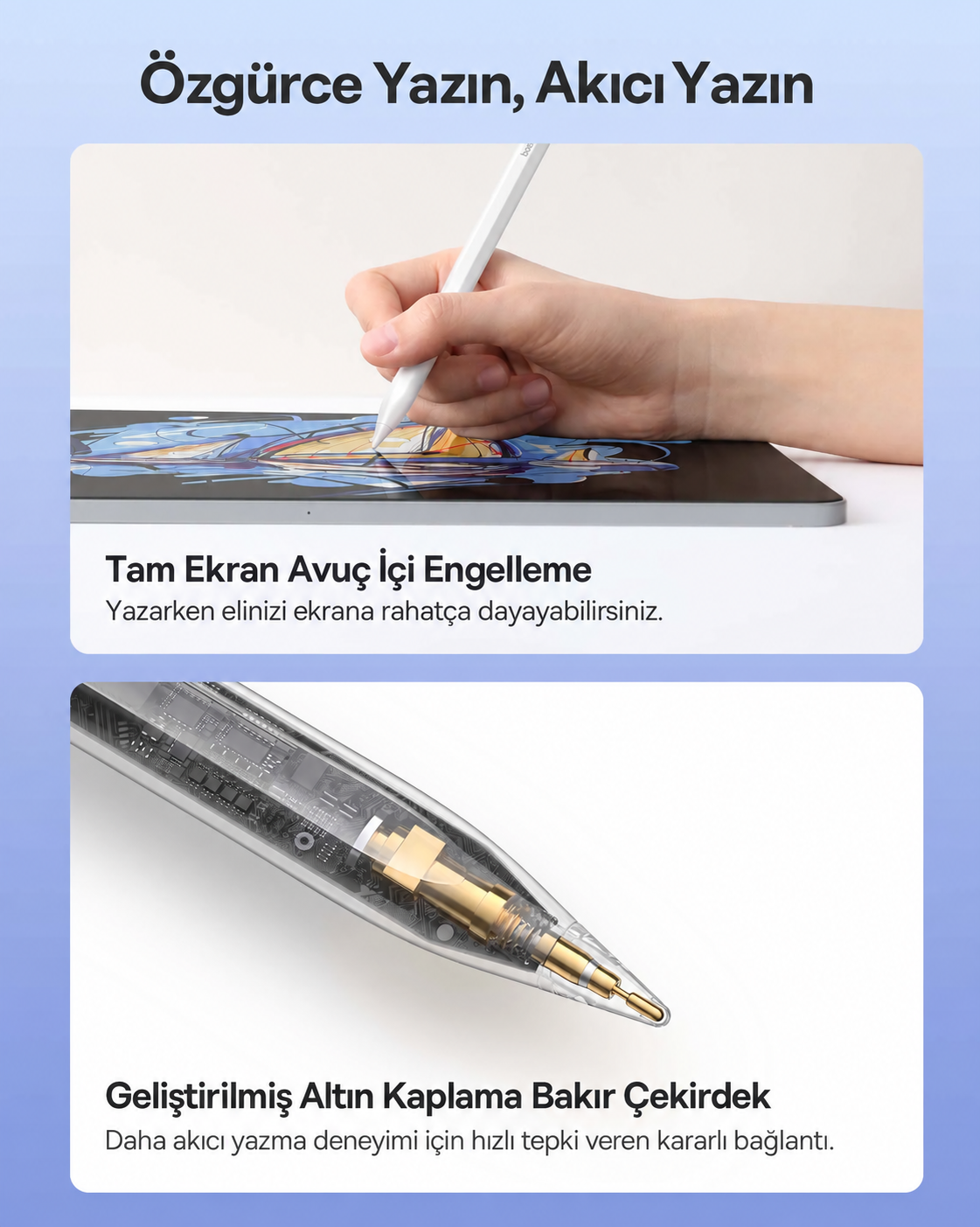 Baseus Smooth Writing 2 iPad Uyumlu Tablet Kalemi – Kablosuz ve USB-C Çift Şarj, Avuç İçi Engelleme, Eğim Algılama, 130 mAh
