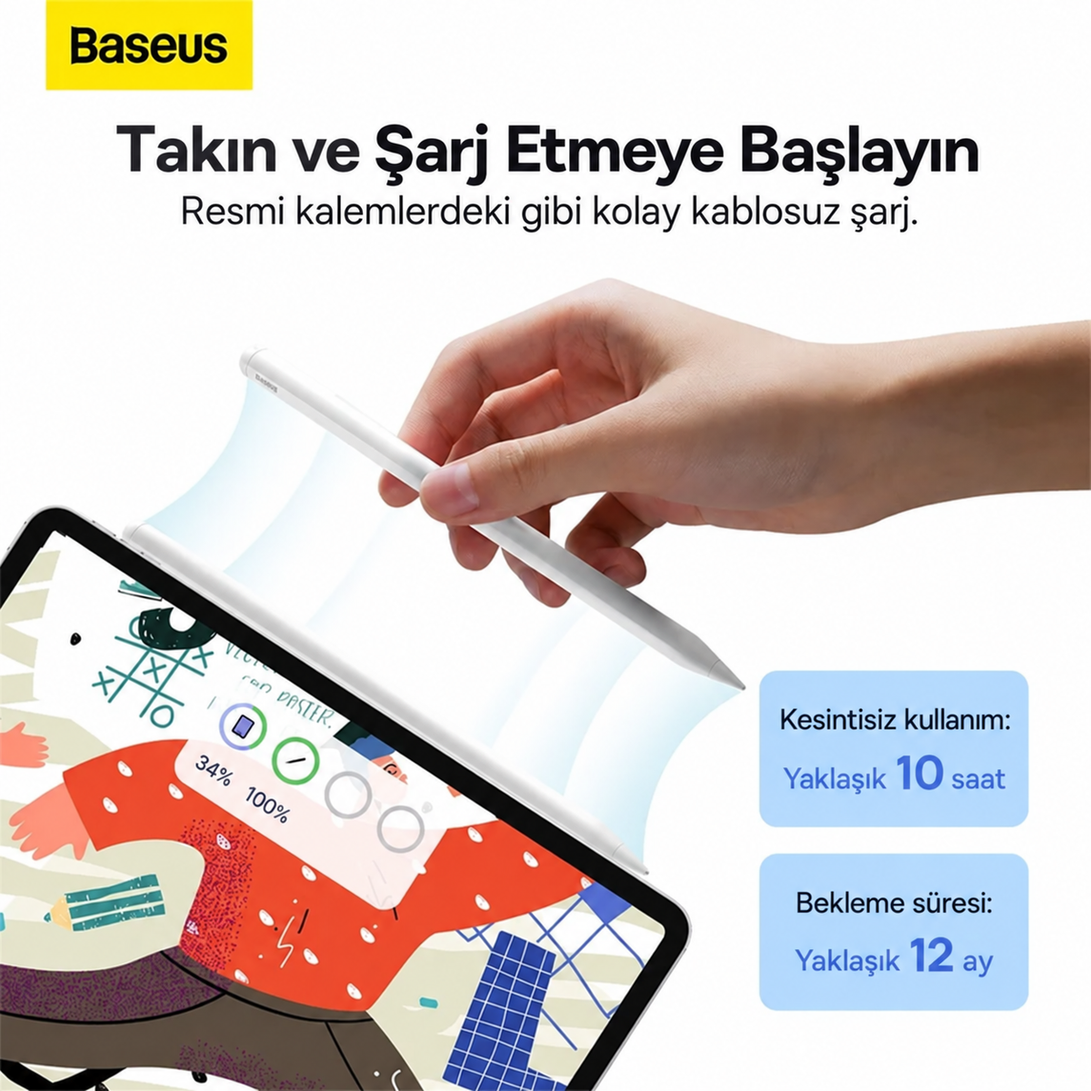 Baseus Smooth Writing 2 iPad Uyumlu Tablet Kalemi – Kablosuz ve USB-C Çift Şarj, Avuç İçi Engelleme, Eğim Algılama, 130 mAh