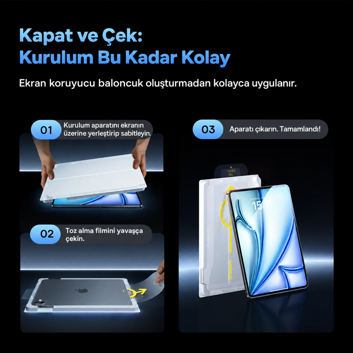 Baseus Crystalline Series HD iPad Air 11″ M2/M3 2024-2025 Temperli Cam Ekran Koruyucu ve Kolay Kurulum Aparatı