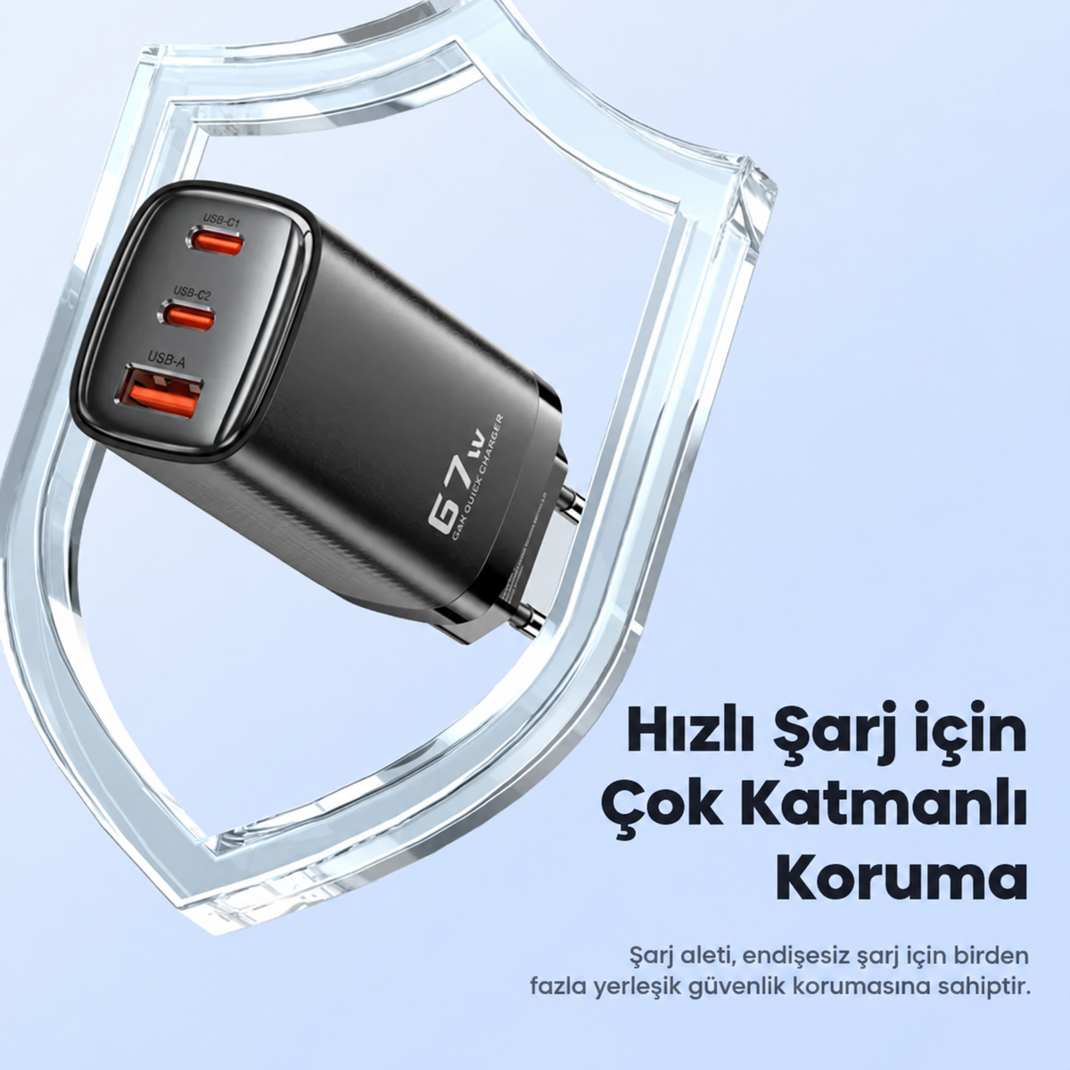 Toocki 67W GaN Hızlı Şarj Aleti – 2 USB-C + 1 USB-A, PD ve QC Destekli