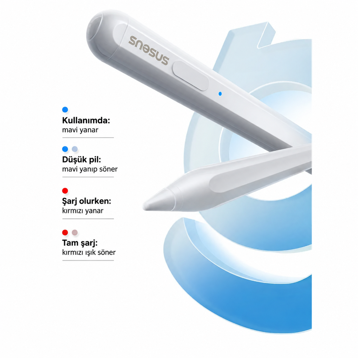 Baseus Smooth Writing 2 Tablet Kalemi – LED Pil Göstergeli, Avuç İçi Engelleme, Eğim Algılama, Manyetik Tutunma, USB-C, 130 mAh