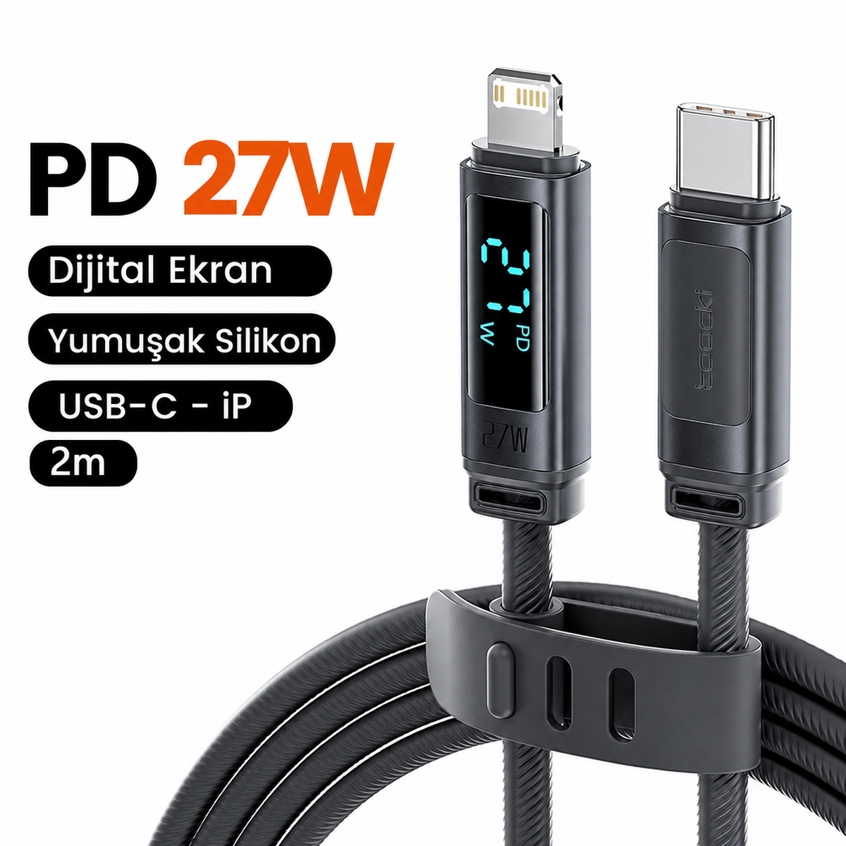 Toocki Tangxin USB-C to USB Lightning 27W Dijital Ekranlı Silikon Şarj ve Veri Kablosu 480 Mbps - TX113C1