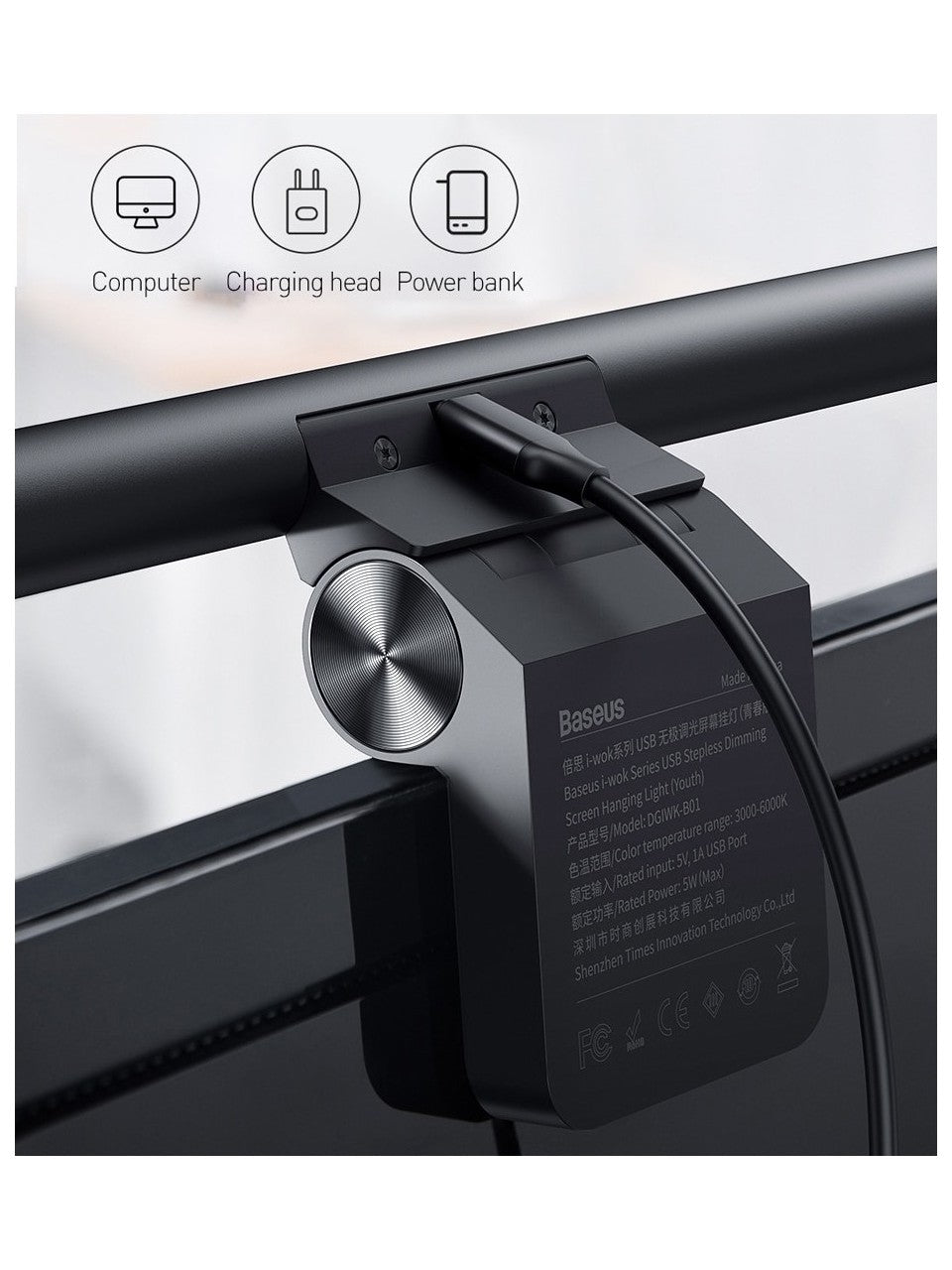 Baseus I-Wok, Monitör Lambası, Siyah, Şarj Edilebilir, Led,