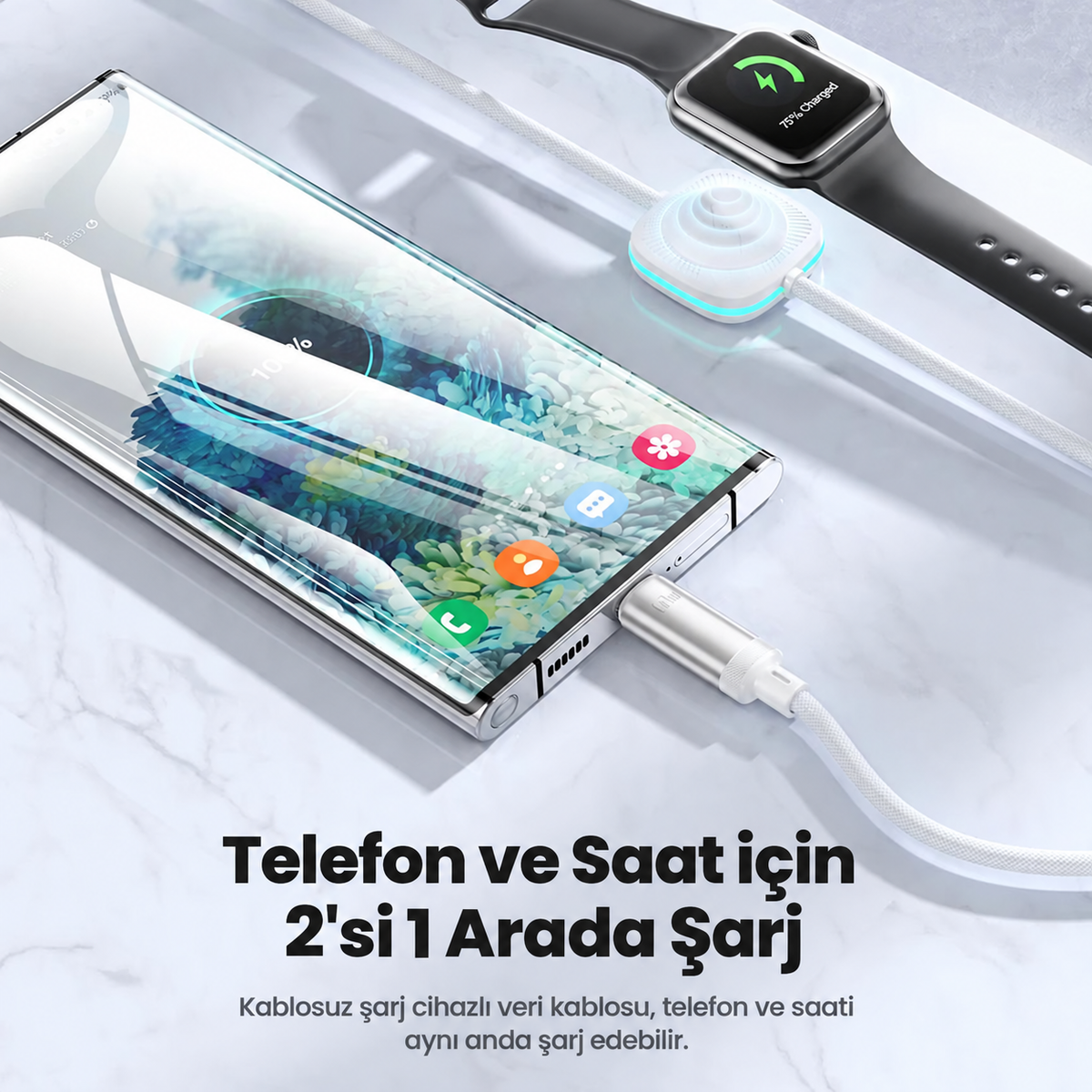 Toocki 2'si 1 Arada 60W USB-C Hızlı Şarj Kablosu ve Apple Watch Manyetik Şarj Pedi 1.2 Metre – TQ-X49C3