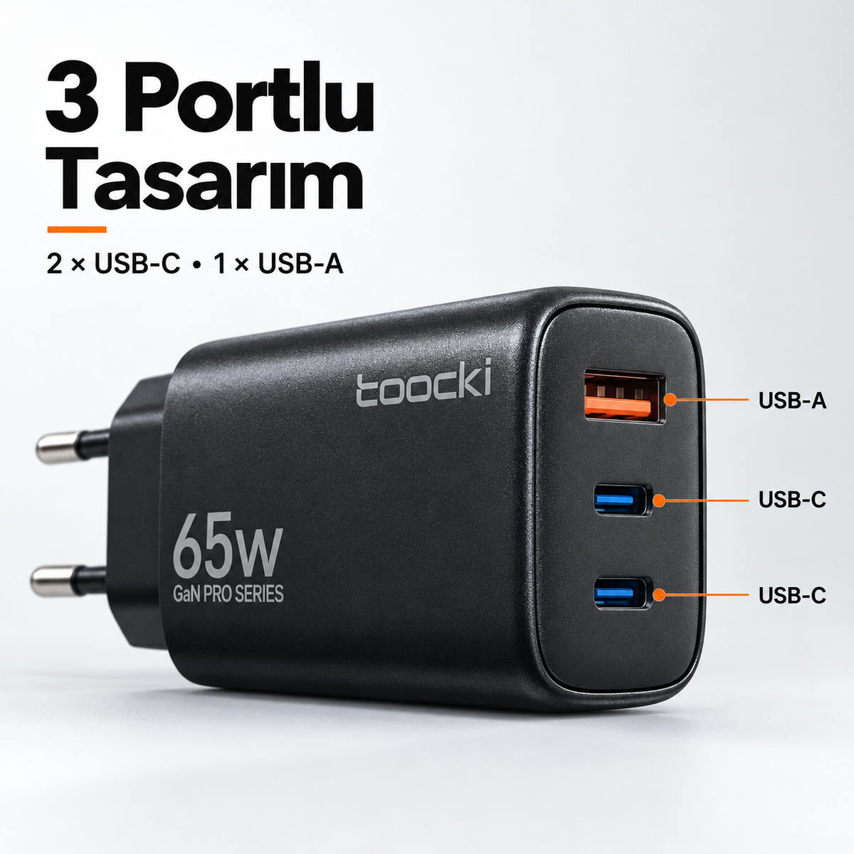 Toocki 65W GaN Pro 3 Portlu Hızlı Şarj Adaptörü 2 USB-C ve 1 USB-A PD 3.0 PPS QC 3.0 Avrupa Tipi Fiş Siyah