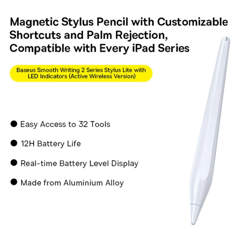 Baseus Smooth Writing 2 Stylus Kalem – Beyaz, iPad Uyumlu, Basınç Hassasiyeti, Manyetik Şarj