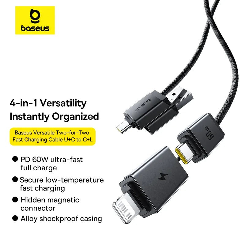 Baseus Versatile 4'ü 1 Arada 60W Hızlı Şarj Kablosu 1M – USB-A/Type-C to Type-C/Lightning