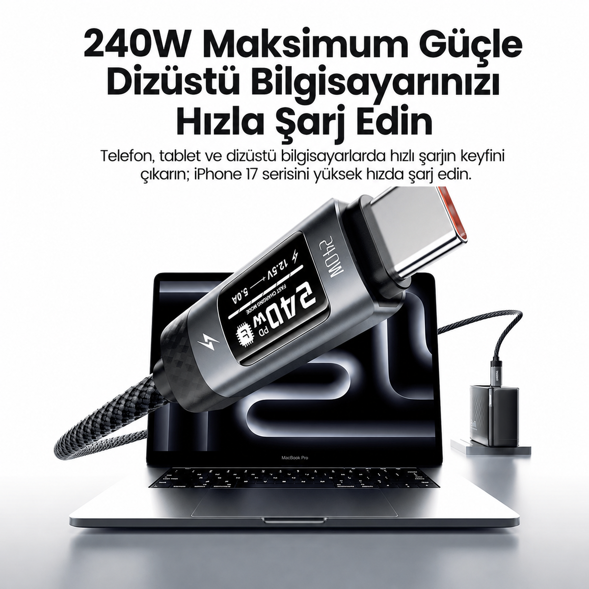 Toocki 240W PD 3.1 OLED Ekranlı Type-C to Type-C Hızlı Şarj Kablosu E-Marker Çipli