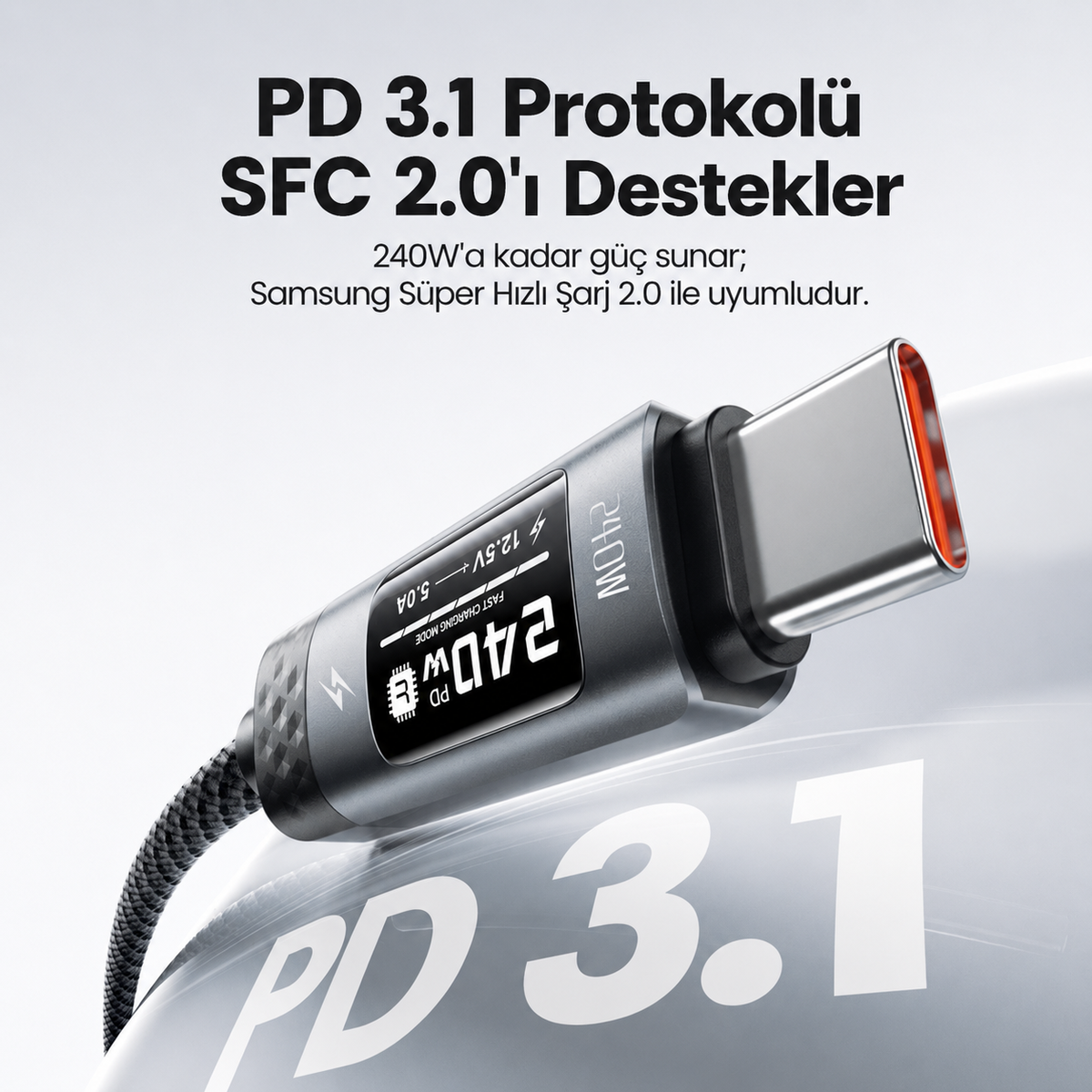 Toocki 240W PD 3.1 OLED Ekranlı Type-C to Type-C Hızlı Şarj Kablosu E-Marker Çipli