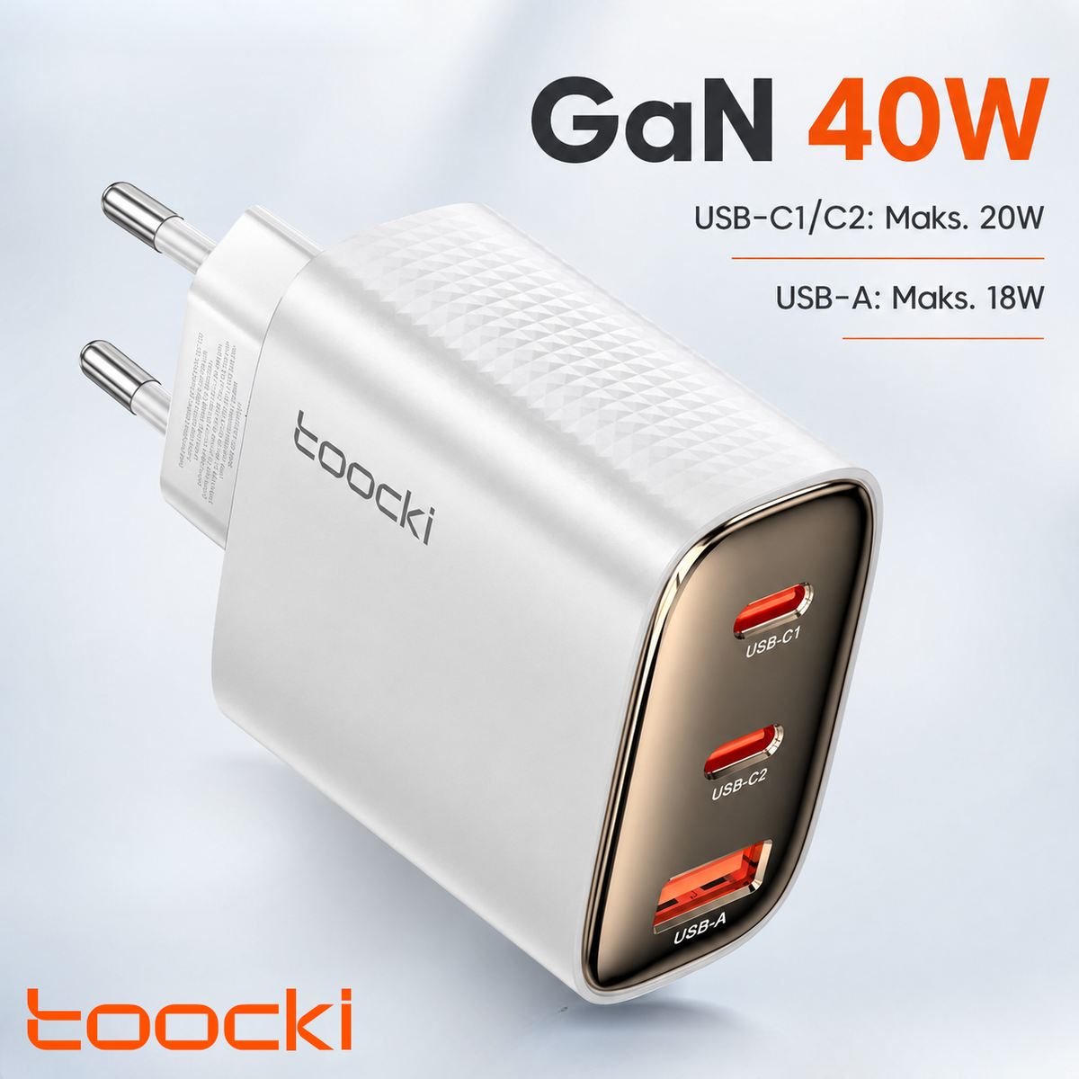 Toocki 40W GaN 3 Port Hızlı Şarj Adaptörü – 2× USB-C + USB-A, PD 20W