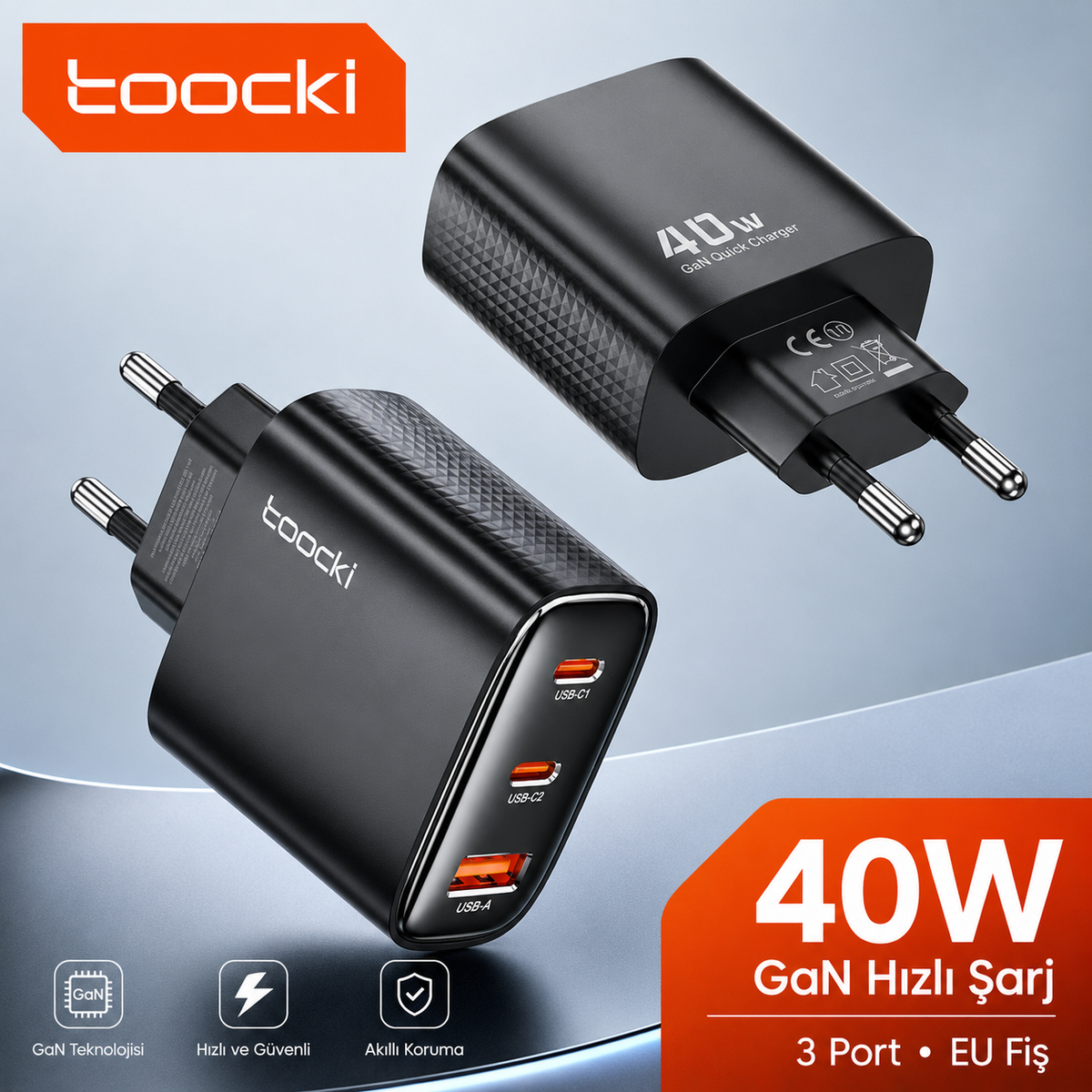 Toocki 40W GaN 3 Port Hızlı Şarj Adaptörü – 2× USB-C + USB-A, PD 20W