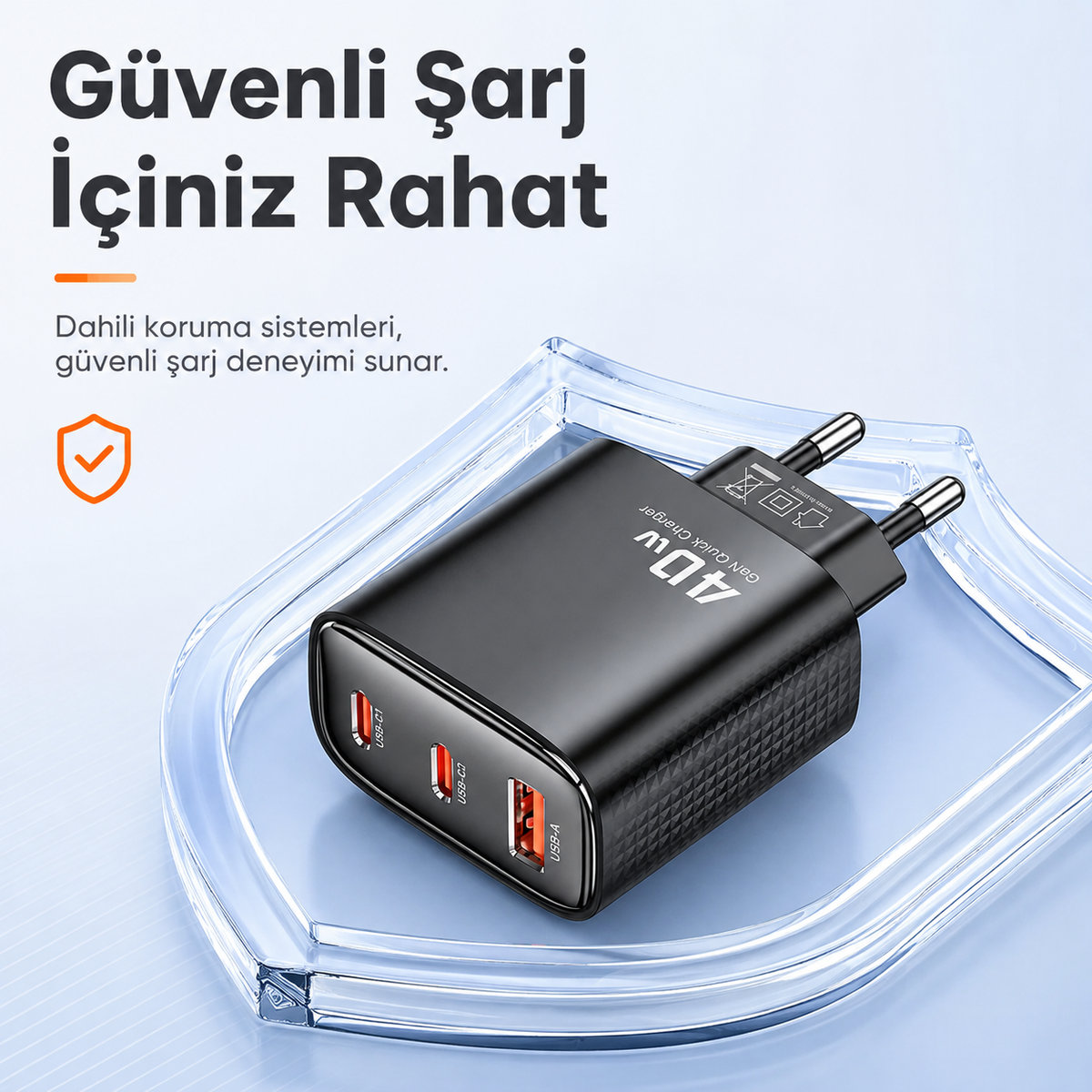 Toocki 40W GaN 3 Port Hızlı Şarj Adaptörü – 2× USB-C + USB-A, PD 20W