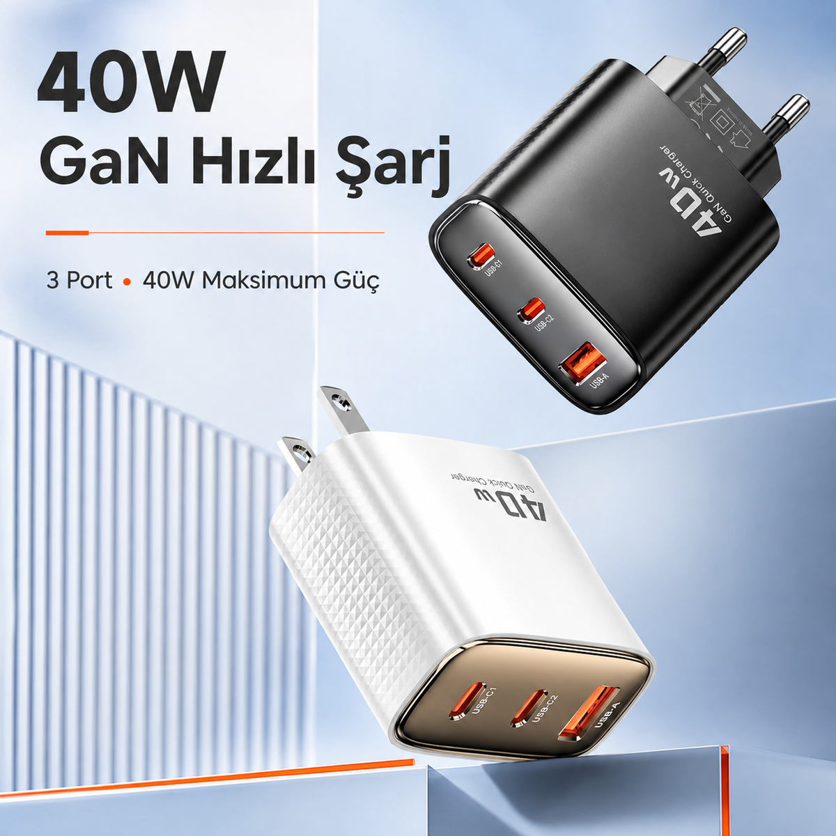 Toocki 40W GaN 3 Port Hızlı Şarj Adaptörü – 2× USB-C + USB-A, PD 20W