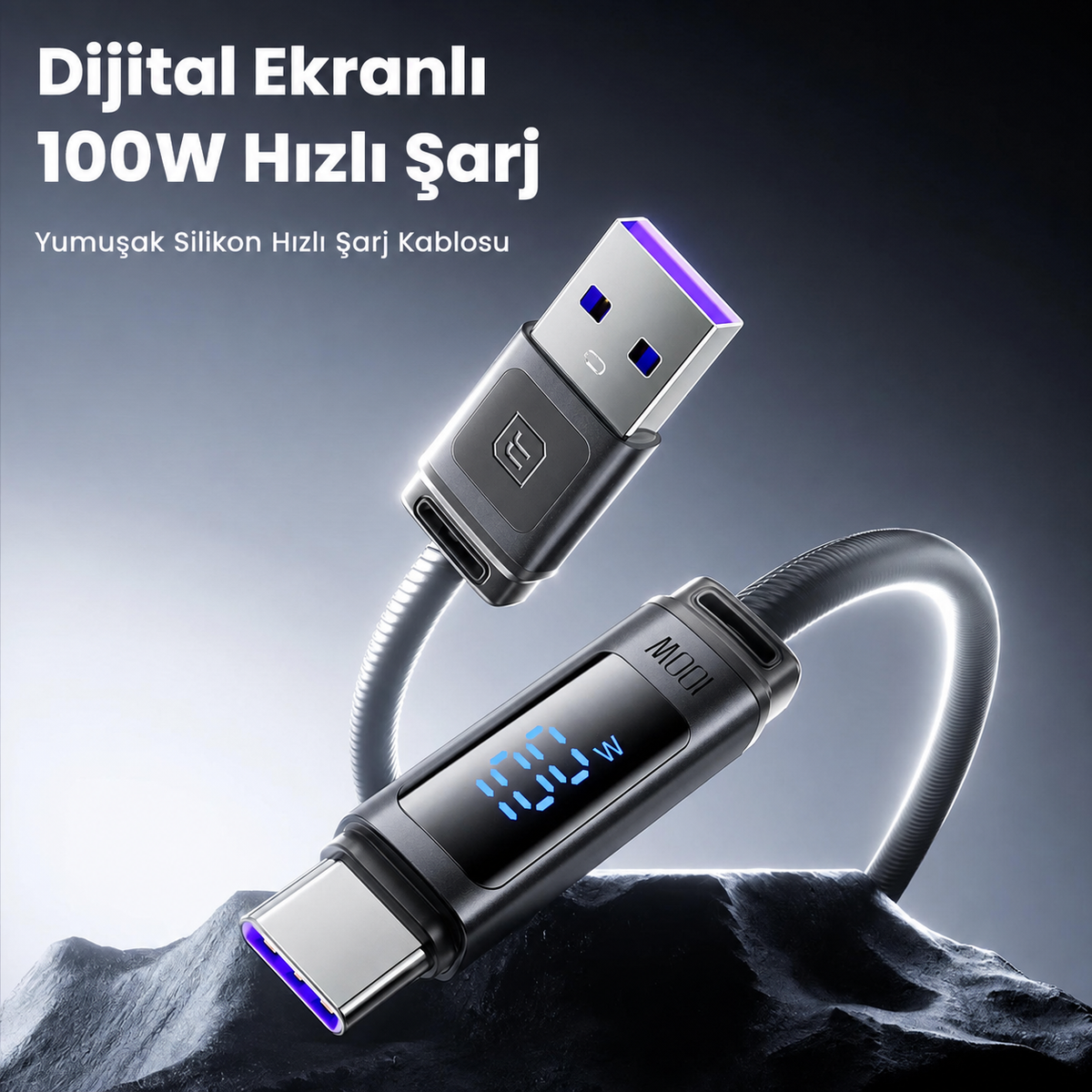 Toocki Tangxin 100W Dijital Ekranlı USB-A to USB-C Silikon Hızlı Şarj ve Data Kablosu 2 Metre Siyah - TX113A2