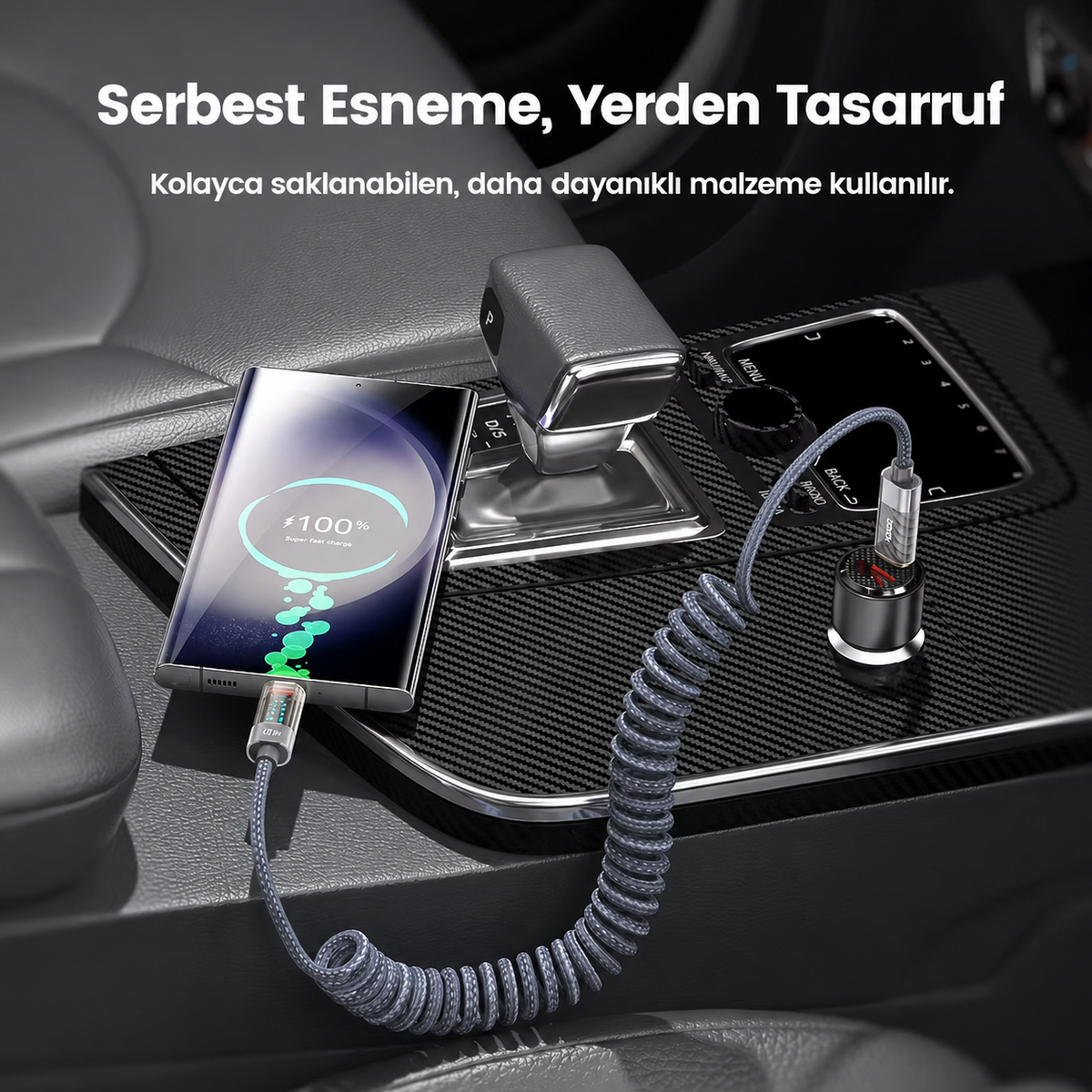 Toocki TXC-60C2 100W PD 5A Dijital Watt Göstergeli Type-C to Type-C Yaylı Örgülü 480 Mbps Hızlı Şarj ve Veri Kablosu 1,8 Metre