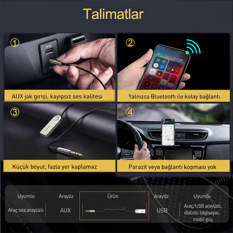 Baseus BA01 Bluetooth 5.0 Araç AUX Adaptörü Dahili Mikrofonlu Kablosuz Ses Alıcı Kablo - Siyah