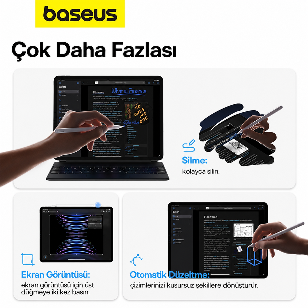 Baseus Smooth Writing 2 iPad Uyumlu Kablosuz Şarjlı Stylus Kalem – Eğim Algılama, 15 Özelleştirilebilir İşlev, 130mAh
