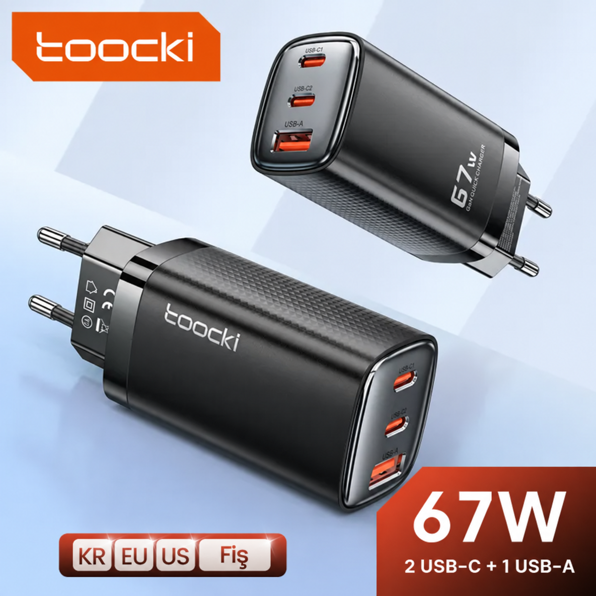 Toocki 67W GaN Hızlı Şarj Aleti – 2 USB-C + 1 USB-A, PD ve QC Destekli