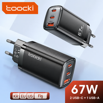 Toocki 67W GaN Hızlı Şarj Aleti – 2 USB-C + 1 USB-A, PD ve QC Destekli