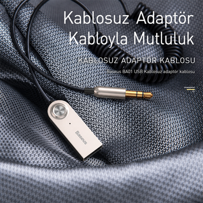 Baseus BA01 Bluetooth 5.0 Araç AUX Adaptörü Dahili Mikrofonlu Kablosuz Ses Alıcı Kablo - Siyah