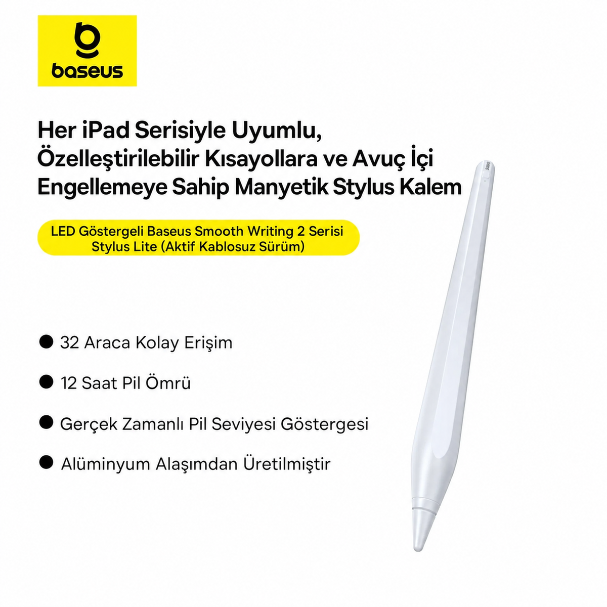 Baseus Smooth Writing 2 Tablet Kalemi – LED Pil Göstergeli, Avuç İçi Engelleme, Eğim Algılama, Manyetik Tutunma, USB-C, 130 mAh