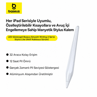 Baseus Smooth Writing 2 Tablet Kalemi – LED Pil Göstergeli, Avuç İçi Engelleme, Eğim Algılama, Manyetik Tutunma, USB-C, 130 mAh