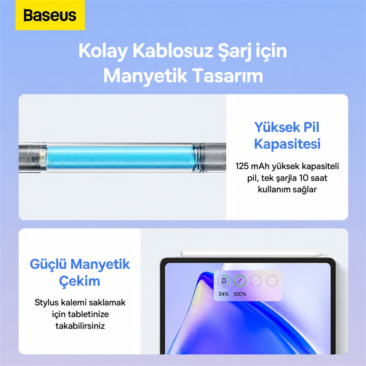 Baseus Smooth Writing 2 iPad Uyumlu Tablet Kalemi – Kablosuz ve USB-C Çift Şarj, Avuç İçi Engelleme, Eğim Algılama, 130 mAh