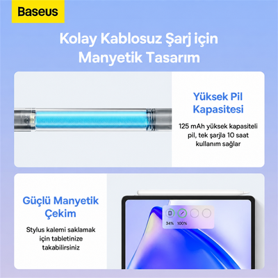 Baseus Smooth Writing 2 iPad Uyumlu Tablet Kalemi – Kablosuz ve USB-C Çift Şarj, Avuç İçi Engelleme, Eğim Algılama, 130 mAh