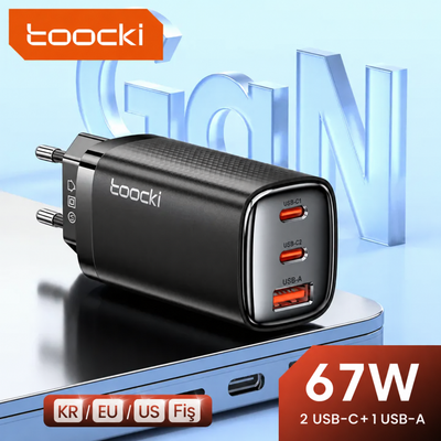 Toocki 67W GaN Hızlı Şarj Aleti – 2 USB-C + 1 USB-A, PD ve QC Destekli