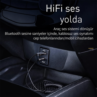 Baseus BA01 Bluetooth 5.0 Araç AUX Adaptörü Dahili Mikrofonlu Kablosuz Ses Alıcı Kablo - Siyah