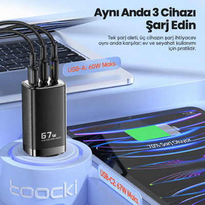 Toocki 67W GaN Hızlı Şarj Aleti – 2 USB-C + 1 USB-A, PD ve QC Destekli