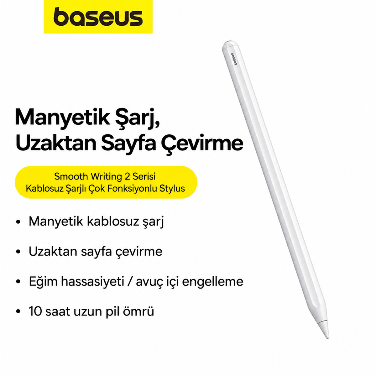 Baseus Smooth Writing 2 iPad Uyumlu Kablosuz Şarjlı Stylus Kalem – Eğim Algılama, 15 Özelleştirilebilir İşlev, 130mAh