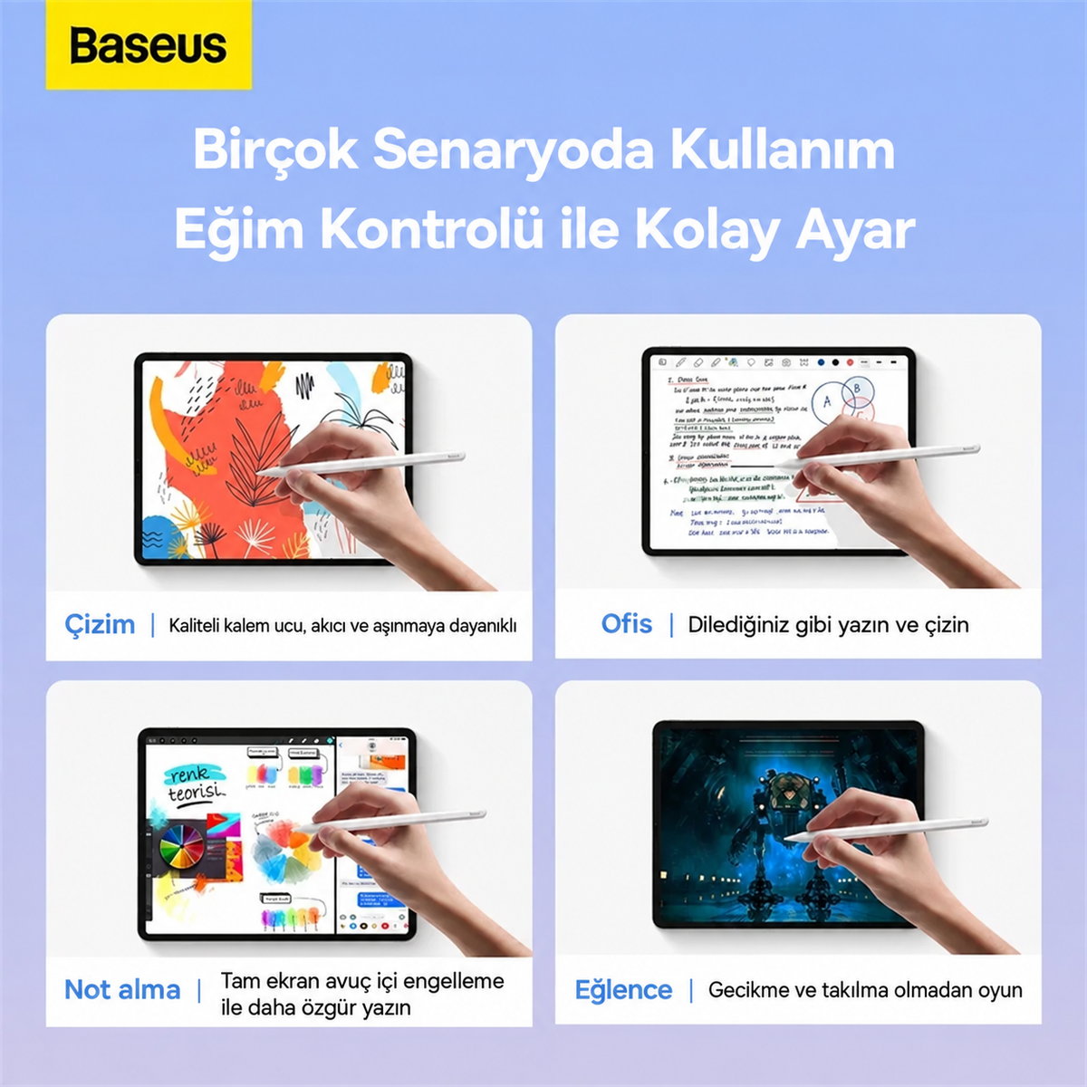 Baseus Smooth Writing 2 iPad Uyumlu Tablet Kalemi – Kablosuz ve USB-C Çift Şarj, Avuç İçi Engelleme, Eğim Algılama, 130 mAh