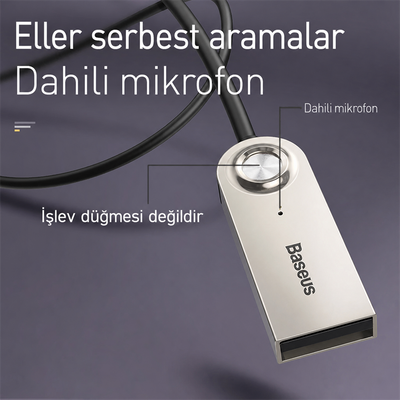 Baseus BA01 Bluetooth 5.0 Araç AUX Adaptörü Dahili Mikrofonlu Kablosuz Ses Alıcı Kablo - Siyah