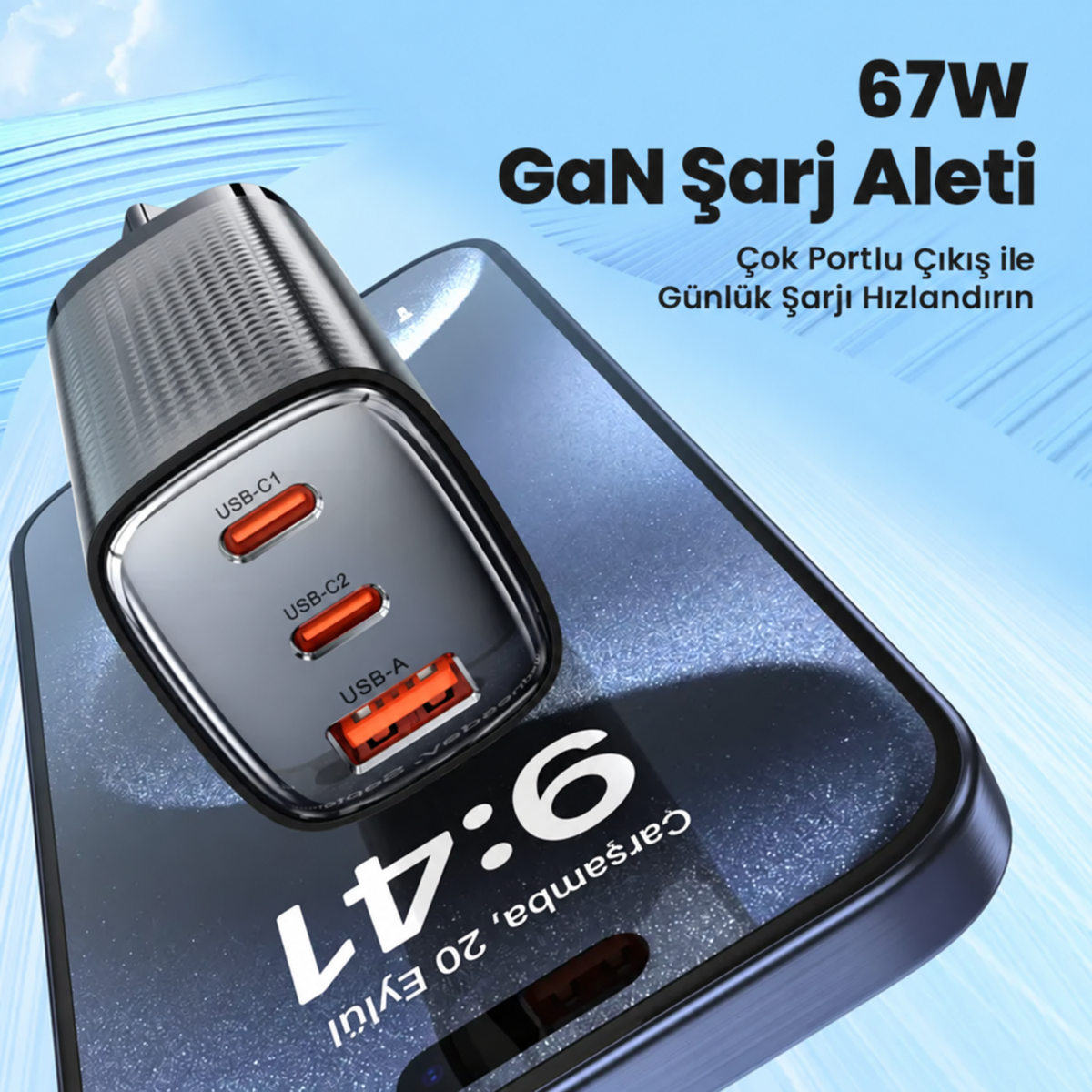 Toocki 67W GaN Hızlı Şarj Aleti – 2 USB-C + 1 USB-A, PD ve QC Destekli