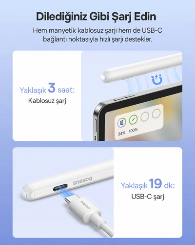 Baseus Smooth Writing 2 iPad Uyumlu Tablet Kalemi – Kablosuz ve USB-C Çift Şarj, Avuç İçi Engelleme, Eğim Algılama, 130 mAh