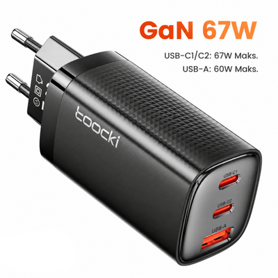 Toocki 67W GaN Hızlı Şarj Aleti – 2 USB-C + 1 USB-A, PD ve QC Destekli