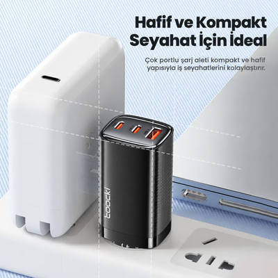 Toocki 67W GaN Hızlı Şarj Aleti – 2 USB-C + 1 USB-A, PD ve QC Destekli
