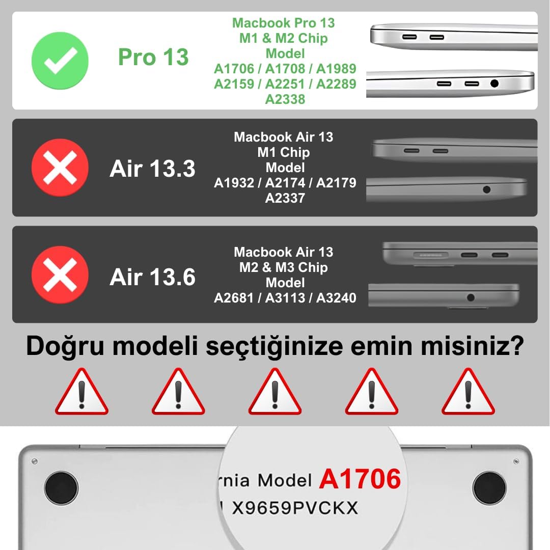 Macbook Pro 13 inç Koruma Kılıfı Sert Kapak A1706/A1708/A1989/A2159/A2251/A2289/A2338