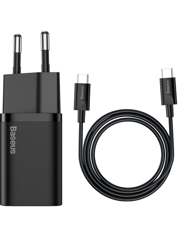 Baseus Super Si 25W Hızlı Şarj Adaptörü + Type-C to Type-C 1m Kablo Seti – Siyah