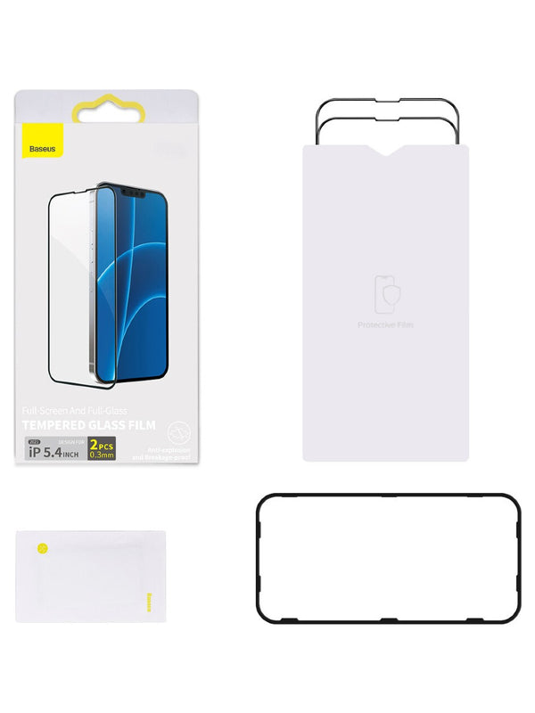 Baseus iPhone 13 Mini 5.4" Tam Ekran Temperli Cam Ekran Koruyucu – 0.3mm, Siyah Çerçeve, 2 Adet