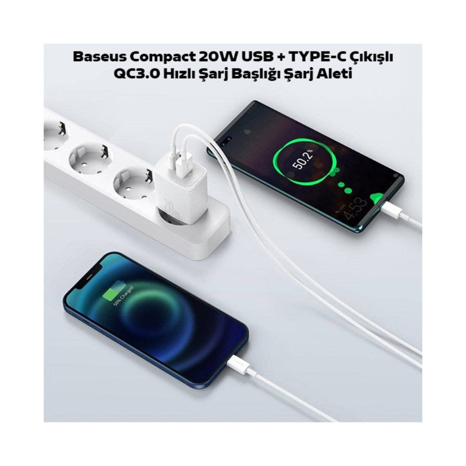 Baseus Compact 20W USB + Type-C Çıkışlı Qc3.0 Hızlı Şarj