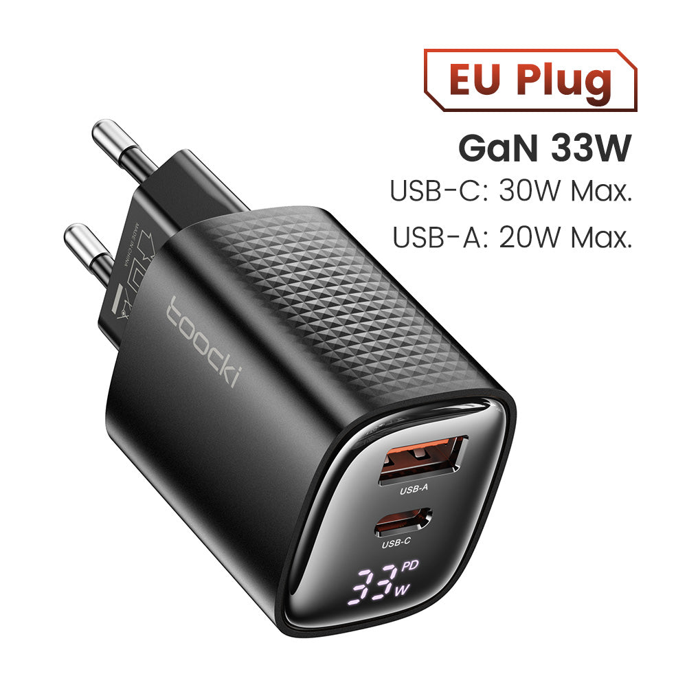 Toocki 33W GaN Dijital Ekranlı Çift Port Hızlı Şarj Adaptörü USB-C + USB-A PD 3.0 QC 3.0 TCT33-22EU