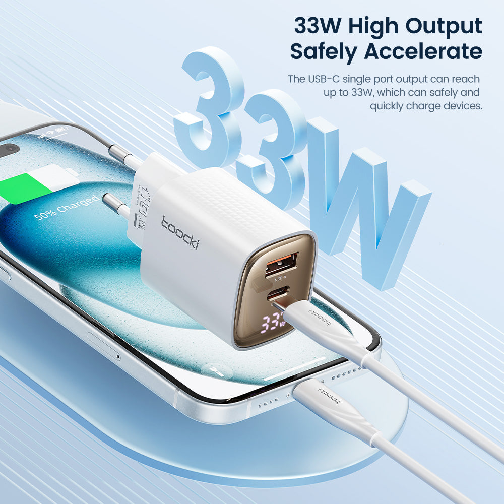 Toocki 33W GaN Dijital Ekranlı Çift Port Hızlı Şarj Adaptörü USB-C + USB-A PD 3.0 QC 3.0 TCT33-22EU