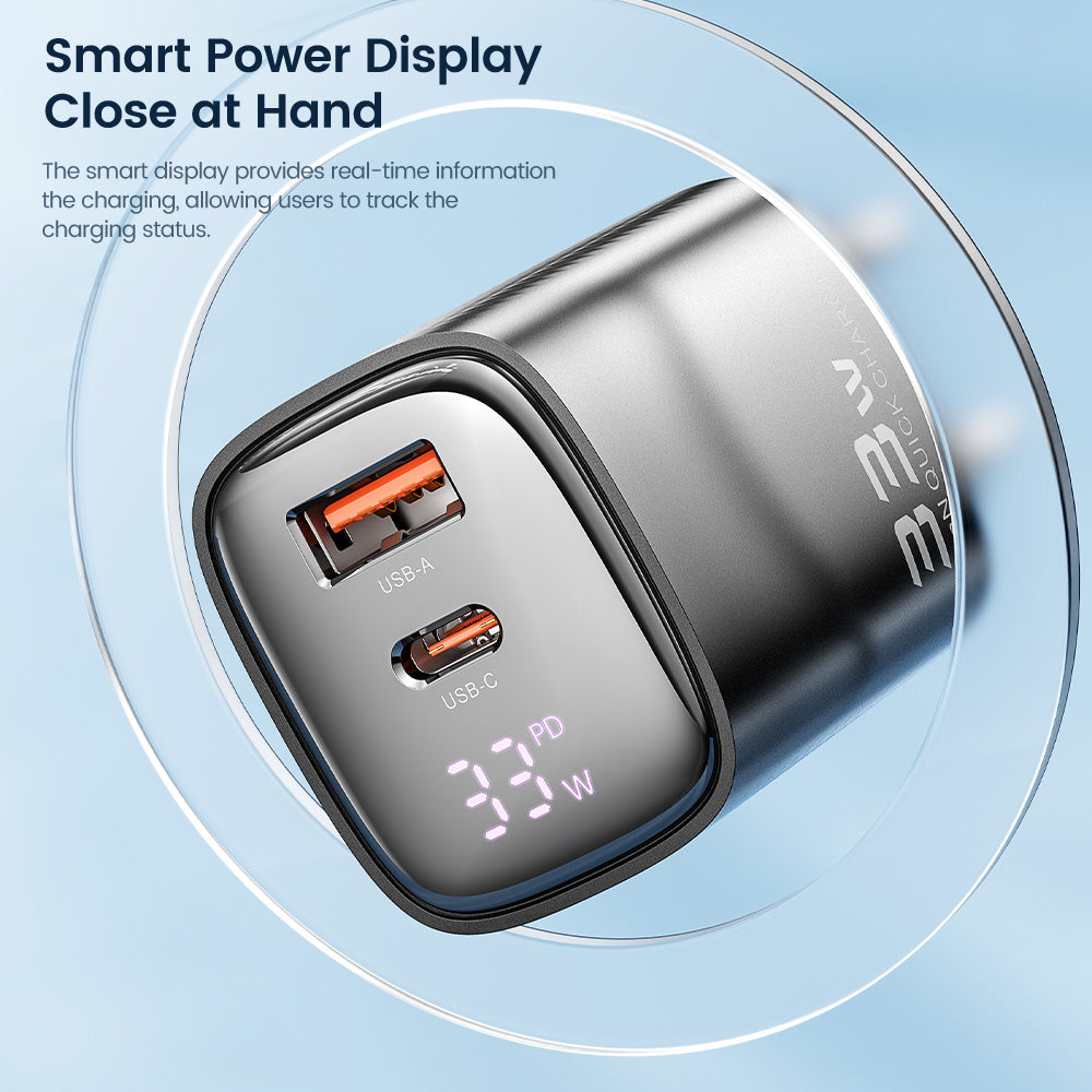 Toocki 33W GaN Dijital Ekranlı Çift Port Hızlı Şarj Adaptörü USB-C + USB-A PD 3.0 QC 3.0 TCT33-22EU