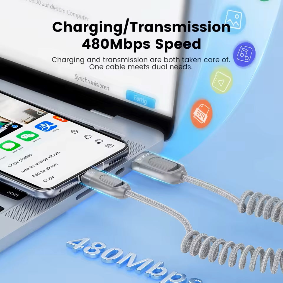 Toocki 3A Spiral Örgülü USB-A to Type-C Hızlı Şarj ve 480Mbps Data Kablosu
