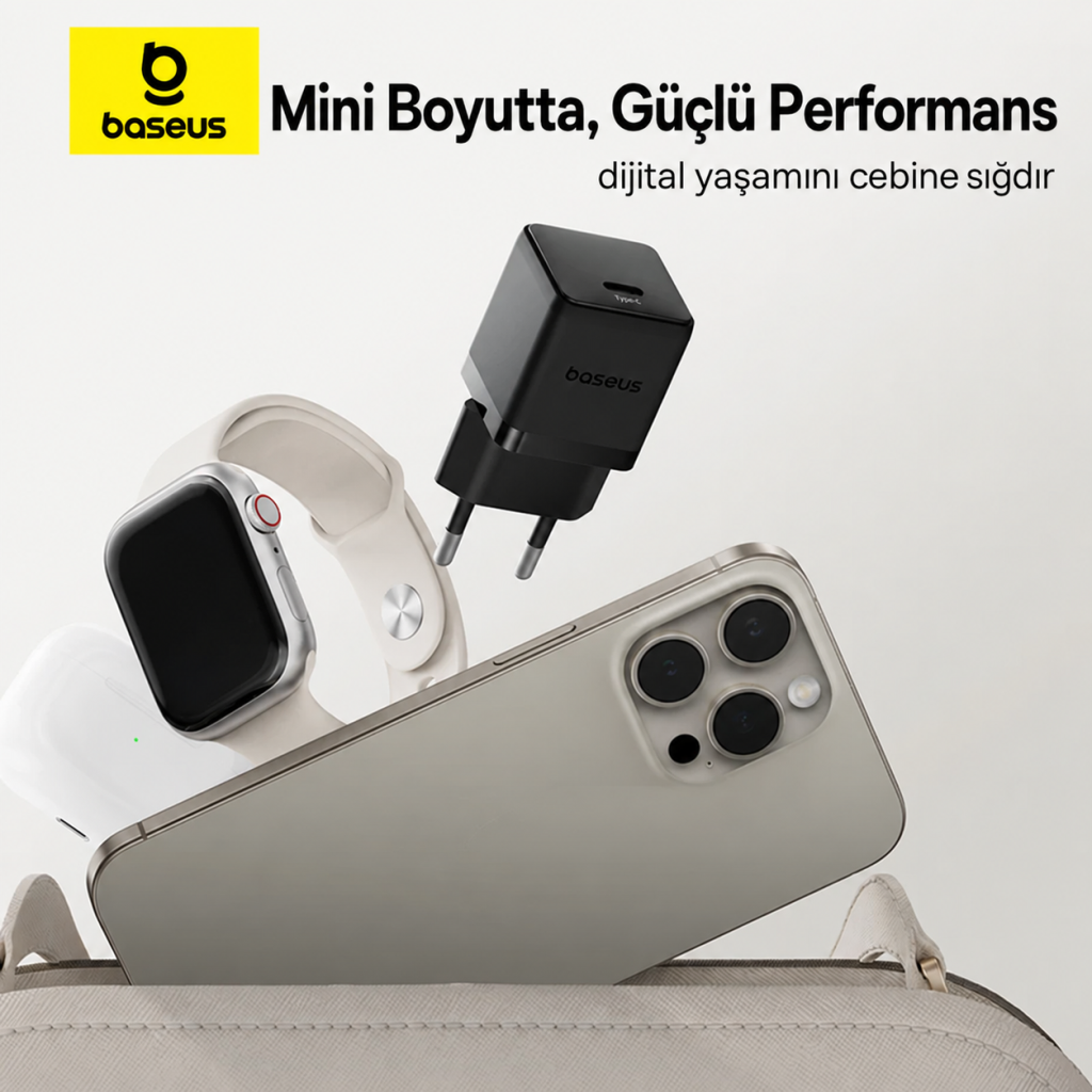 Baseus Palm 1C 30W PD 3.0 USB-C Hızlı Şarj Adaptörü ve Type-C Kablo – Siyah