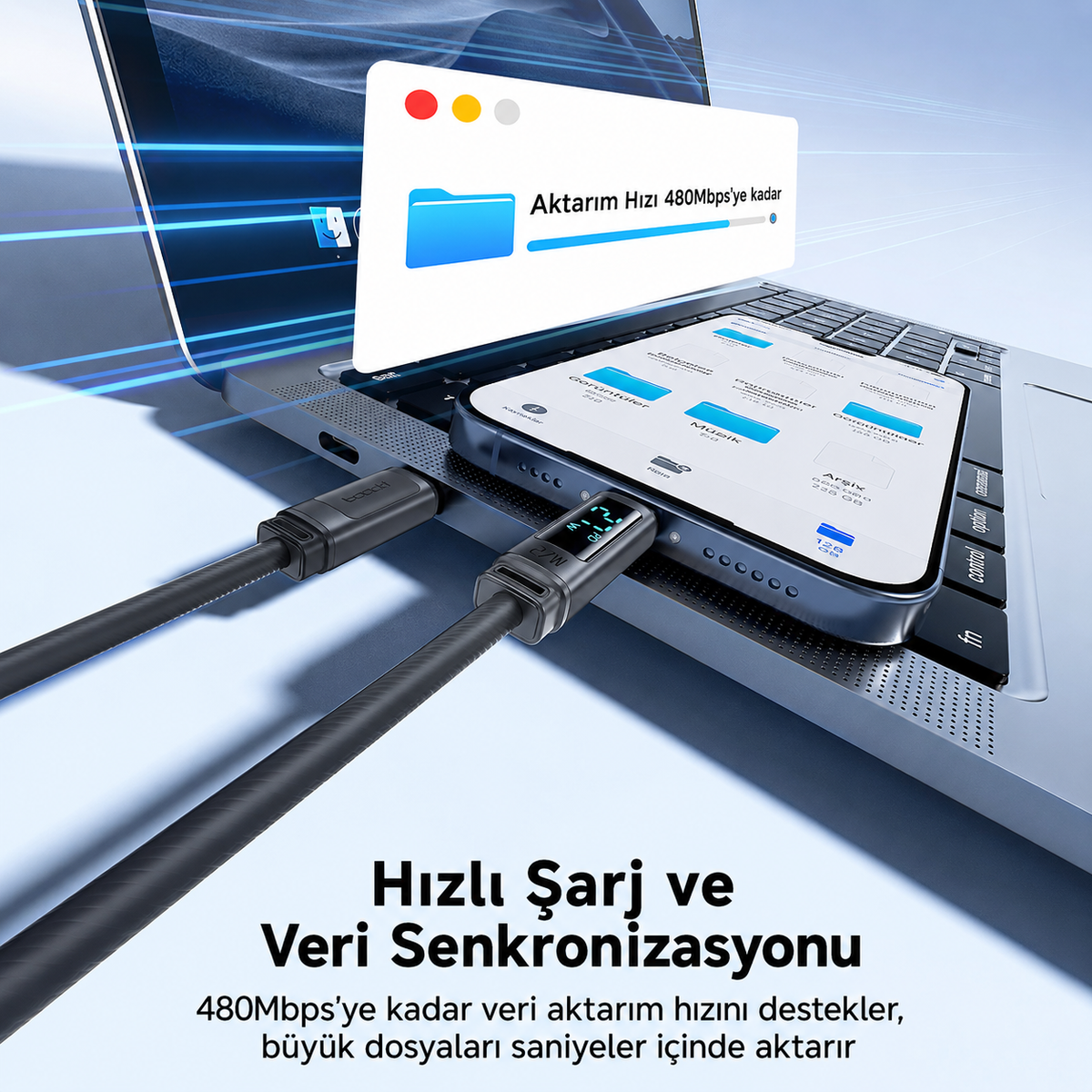Toocki Tangxin USB-C to USB Lightning 27W Dijital Ekranlı Silikon Şarj ve Veri Kablosu 480 Mbps - TX113C1