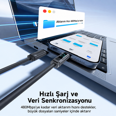 Toocki Tangxin USB-C to USB Lightning 27W Dijital Ekranlı Silikon Şarj ve Veri Kablosu 480 Mbps - TX113C1