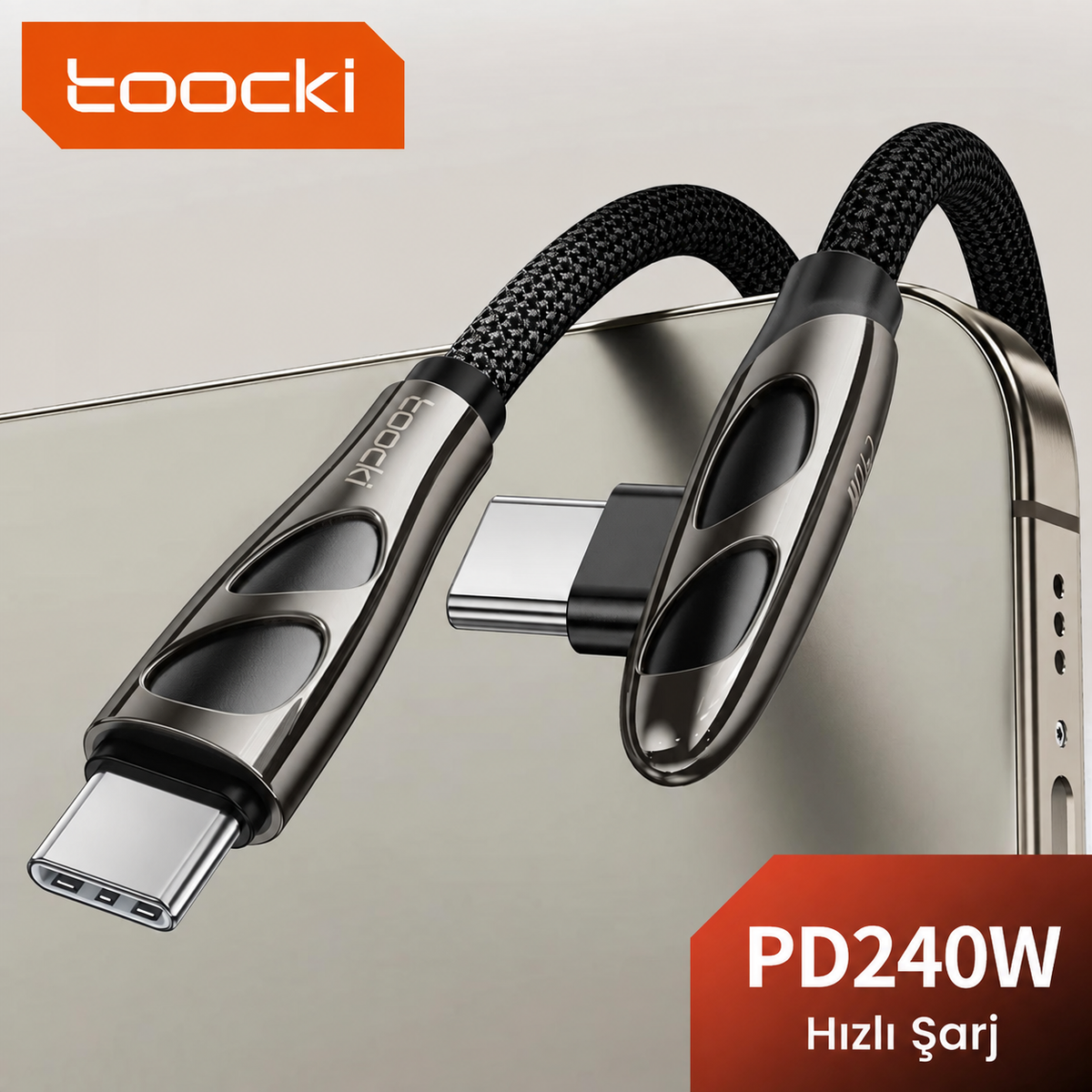 Toocki 240W PD 3.1 90° Dirsekli Type-C to Type-C E-Marker Çinko Alaşımlı Örgülü Hızlı Şarj ve Data Kablosu 1 Metre